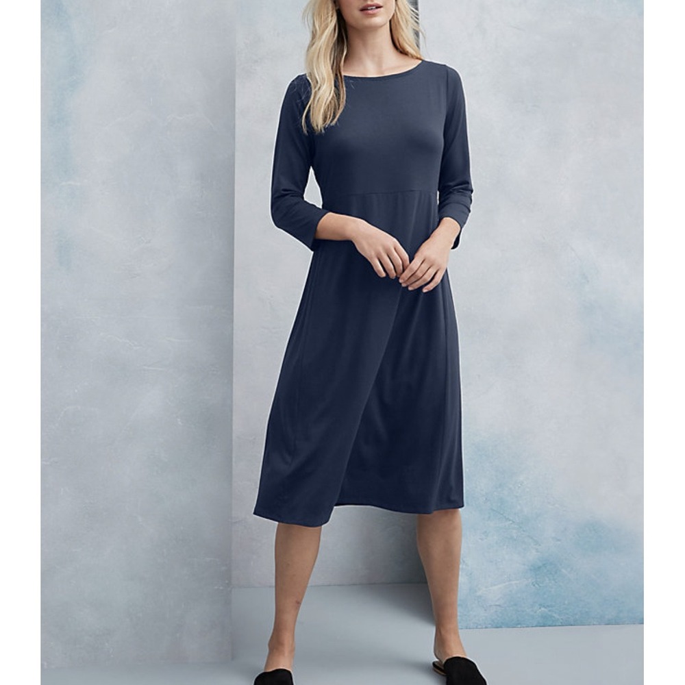 Eileen Fisher Black Viscose Lycra Boat Neck 3/4 Sleeve Shift Dress Small